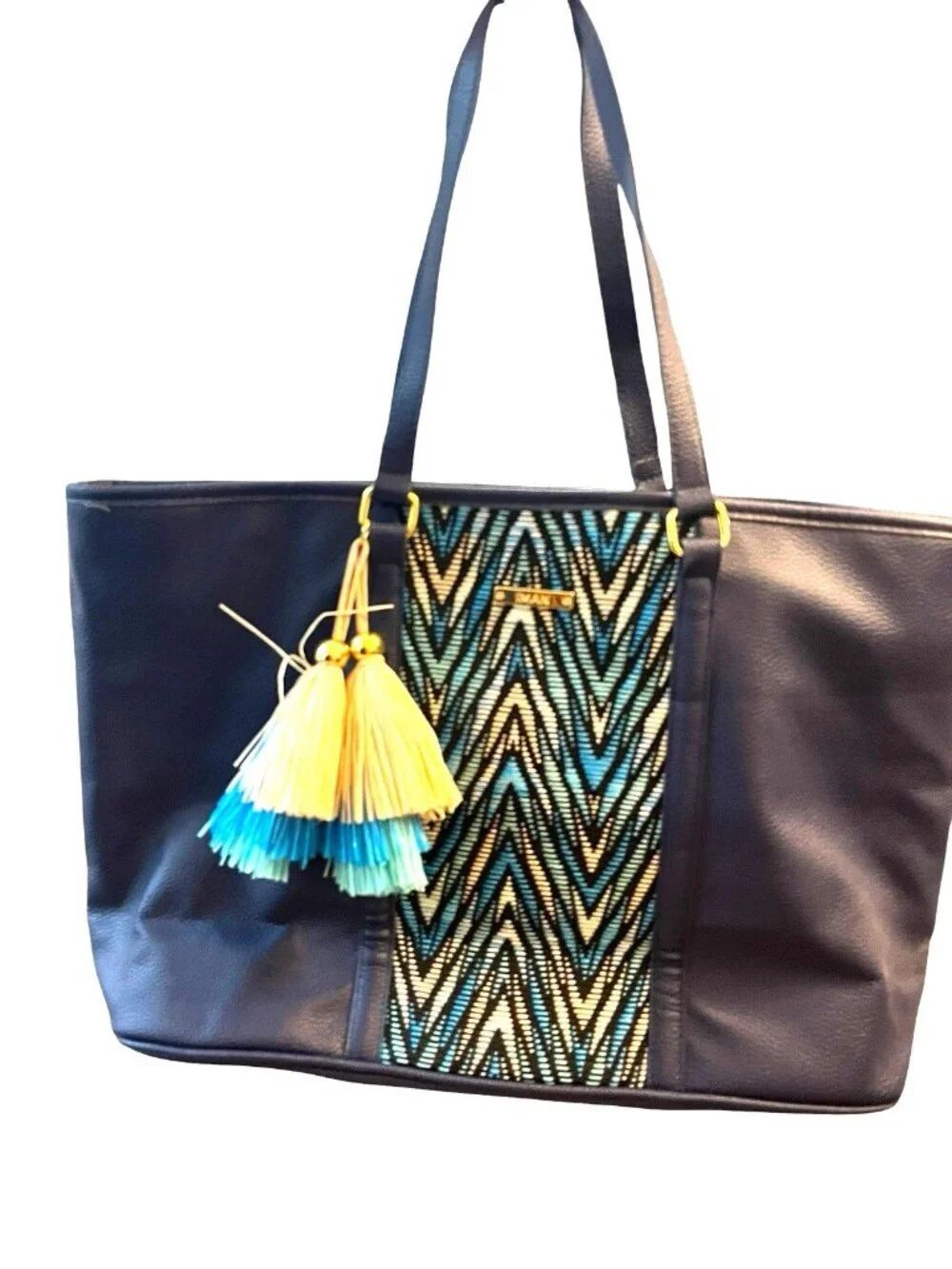 IMAN Global Chic XL Navy Blue Tote Bag Chevron Print Purse Tassels New
